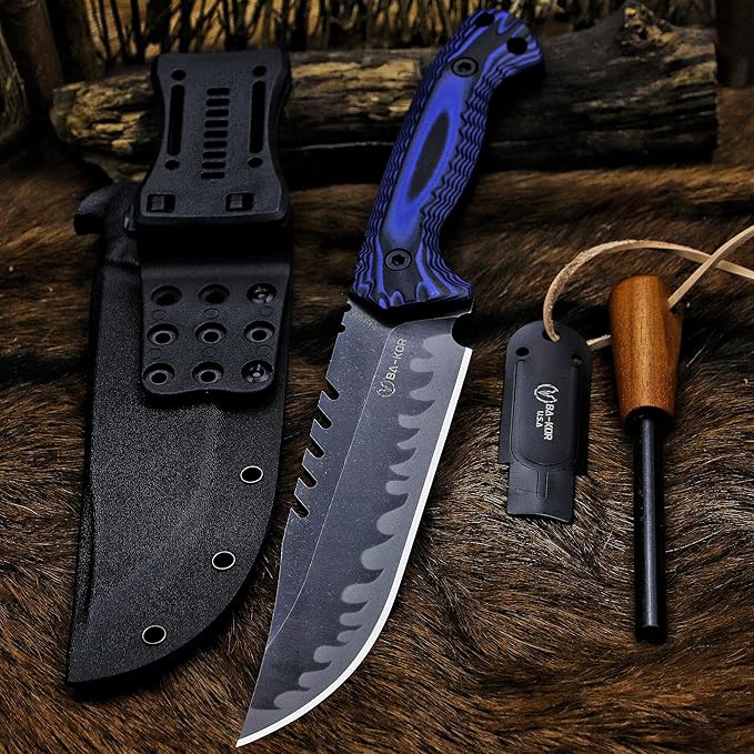 BA-KOR 12.4in Full Tang Fixed Blade Hunting Knife ??6mm 9CR18MoV Steel, G10 Handle, Stonewashed Sawback Blade with Kydex Sheath & Fire Starter for Outdoor, Camping, Survival (Blue and black stripes)