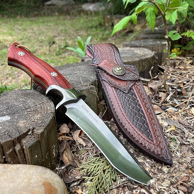 M390 Steel Handmade Hunting Knife, Fixed Blade Full-Tang with Leather Sheath, Red Wood Non-Slip Handle - Survival, Tactical, Camping knives