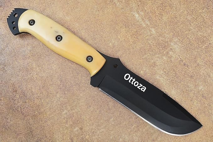 Ottoza Fixed Blade Hunting Knife with Leather Sheath and Horizontal Carry - Full Tang Outdoor Survival and Camping Knife for Men - Bone Handle 354