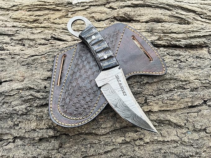 Bushcraft Survival Knife12T27 Damascus Steel Fixed Blade outdoor - Pakka Wood Handle - Pancake Leather Sheath - Traditional Field Knife for Camping , Fishing, Hunting , Men & Women - EDC Knife to Carry on Belt- (BLACK)