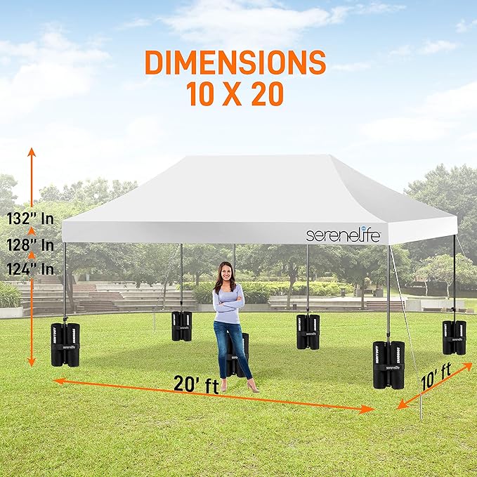 SereneLife Pop Up Canopy Tent 10x20 - Commercial Instant Shelter Foldable/Collapsible Sun Shade Pop Up Tent w/Waterproof Tent Top, Portable Carry Bag & Sand Bag - SereneLife SLGZ20W (White)
