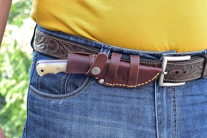 Knives Ranch Handmade 7-1/2" Arched Hunting Knife - Full Tang - Damascus Steel - Cattle Bone Handle - Heavy Duty Leather Sheath (3183-B)