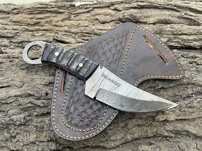 Bushcraft Survival Knife12T27 Damascus Steel Fixed Blade outdoor - Pakka Wood Handle - Pancake Leather Sheath - Traditional Field Knife for Camping , Fishing, Hunting , Men & Women - EDC Knife to Carry on Belt- (BLACK)