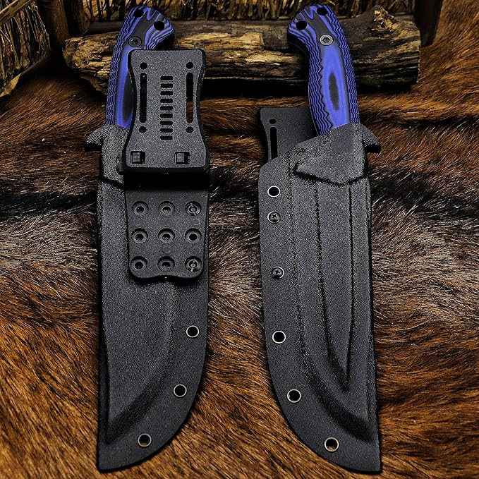 BA-KOR 12.4in Full Tang Fixed Blade Hunting Knife ??6mm 9CR18MoV Steel, G10 Handle, Stonewashed Sawback Blade with Kydex Sheath & Fire Starter for Outdoor, Camping, Survival (Blue and black stripes)
