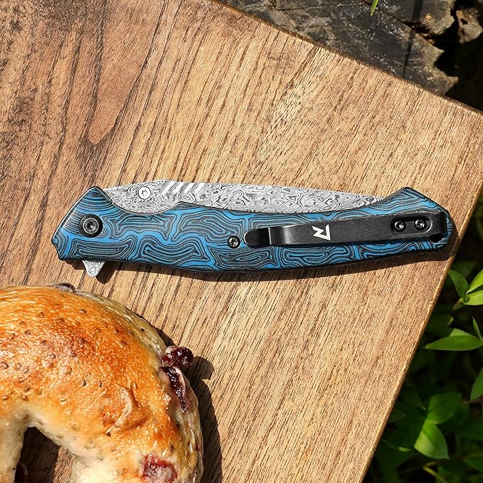 YOUSUNLONG Folding Knife - Hammered Damascus Steel Blade - Blue Damascus texture G10 Cover