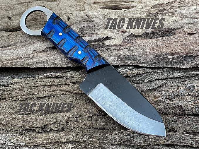 7'' Full Tang Fixed Blade Outdoor Camping Hunting Knife In Sheath Gift For Him | 1095 High Carbon Steel Knife | SKINNER Gift | Cowboy knives | Pancake leather sheath (BLUE)