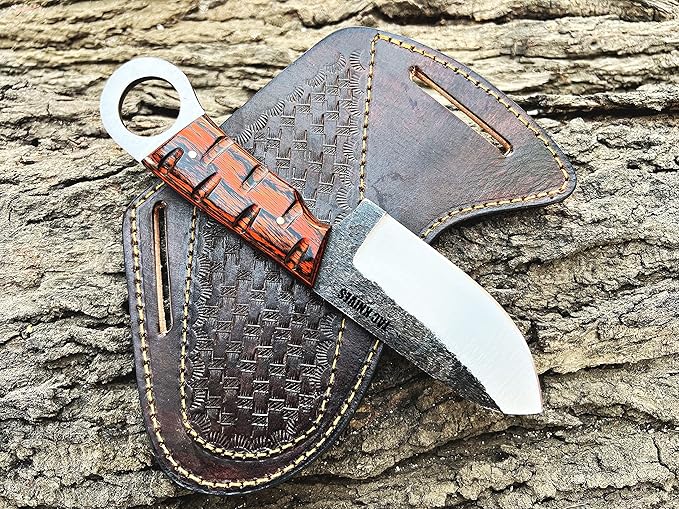 7'' Full Tang Fixed Blade Outdoor Camping Hunting Knife In Sheath Gift For Him | 1095 High Carbon Steel | SKINNER Gift Cowboy knives Pancake leather sheath (ORANGE)