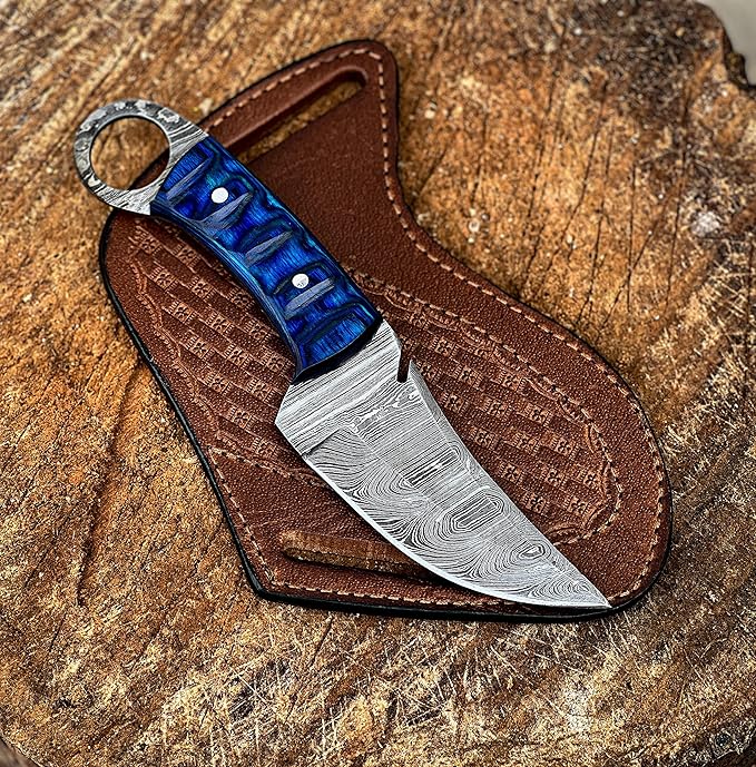 Bushcraft Survival Knife12T27 Damascus Steel Fixed Blade outdoor - Pakka Wood Handle - Pancake Leather Sheath - Traditional Field for Camping , Fishing, Hunting Knife, Men & Women - EDC Knife to Carry on Belt- (BLUE)