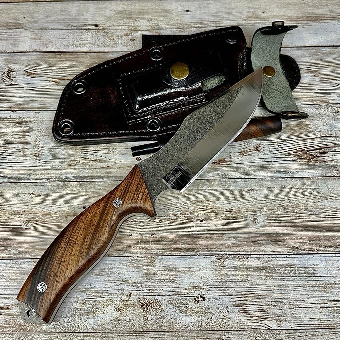 Handmade Fixed Blade Hunting Knife, N690 Blade Tactical Knife with Leather Sheath and Magnesium Fire Starter, Full Tang Tactical Knife, Survival Knife with Magnesium Fire Stick