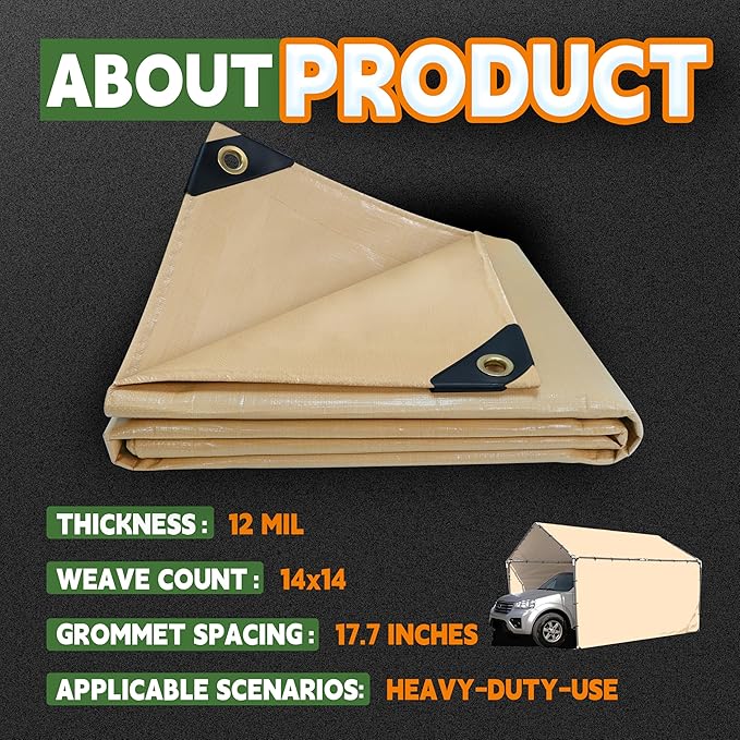 RAINDEWAY 20x20 Feet Heavy Duty Tarp,12 Mil Tan Waterproof Poly Tarp Cover,UV Resistant,Weatherproof,Durable,Multipurpose Tarps with Grommets and Reinforced Edges
