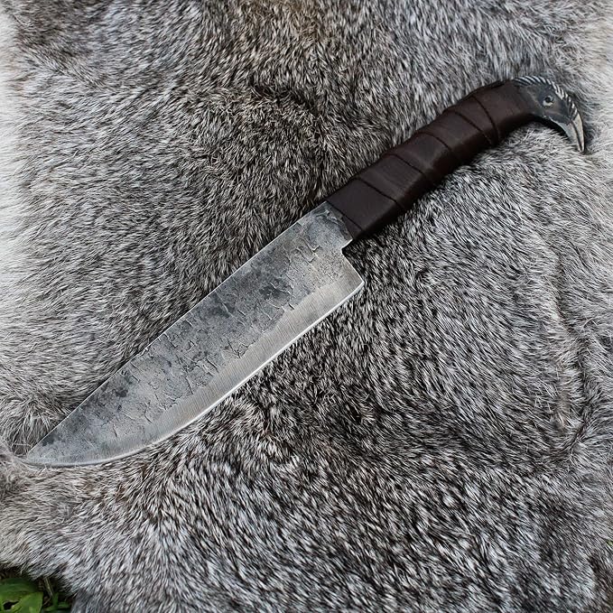 Odin's Raven Norse Viking-styled Knife 10.3" - Hand Forged 6.5" Carbon Steel Blade, Raven's Head Hilt and Leather Sheath - Unique Medieval Seax Style - Norse Knife for Hunting & Camping