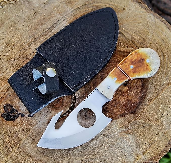 METAL OF HONOR Fixed Blade Knife, All in One Skinning Knife with Gut-Hook, for Hunters and Outdoors Enthusiasts with Sheath,Full Tang handmade knife with Bone Handle