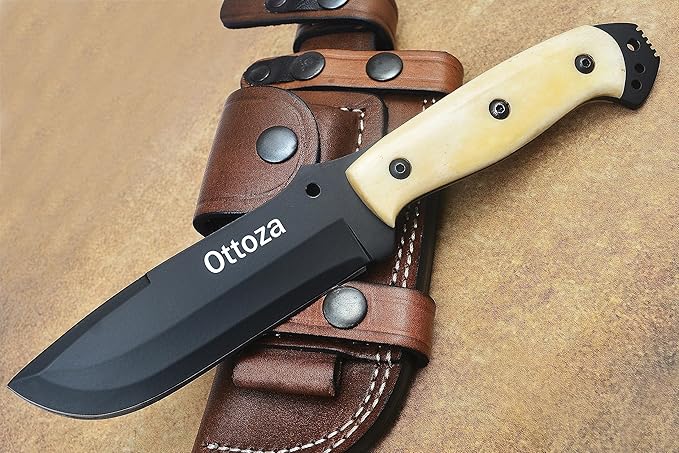Ottoza Fixed Blade Hunting Knife with Leather Sheath and Horizontal Carry - Full Tang Outdoor Survival and Camping Knife for Men - Bone Handle 354