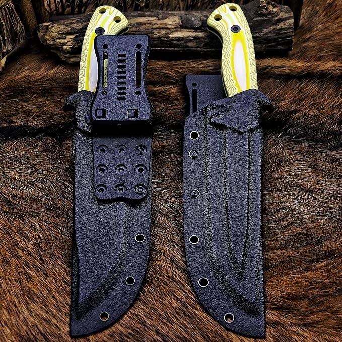 BA-KOR 12.4in Full Tang Fixed Blade Hunting Knife ??6mm 9CR18MoV Steel, G10 Handle, Stonewashed Sawback Blade with Kydex Sheath & Fire Starter for Outdoor, Camping, Survival (White and yellow stripes)
