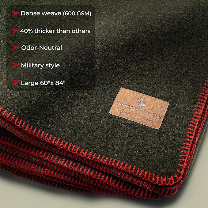 Whispering Winds 100% Wool Blanket - Premium Ultra-Soft, Thick, Warm, Large 60″x 84″ Bed & Camping Blanket for Indoor, Outdoor, Bushcraft & Survival