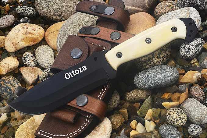 Ottoza Fixed Blade Hunting Knife with Leather Sheath and Horizontal Carry - Full Tang Outdoor Survival and Camping Knife for Men - Bone Handle 354