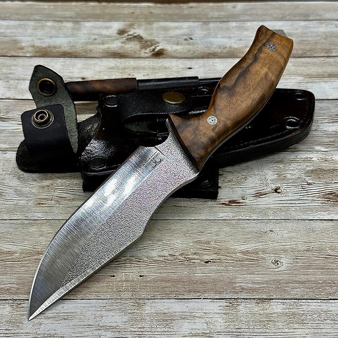 Handmade Fixed Blade Hunting Knife, N690 Blade Tactical Knife with Leather Sheath and Magnesium Fire Starter, Full Tang Tactical Knife, Survival Knife with Magnesium Fire Stick