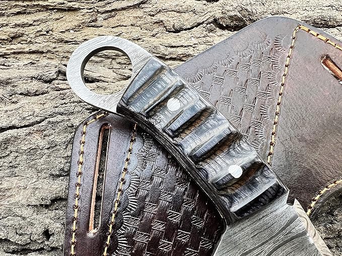 Bushcraft Survival Knife12T27 Damascus Steel Fixed Blade outdoor - Pakka Wood Handle - Pancake Leather Sheath - Traditional Field Knife for Camping , Fishing, Hunting , Men & Women - EDC Knife to Carry on Belt- (BLACK)