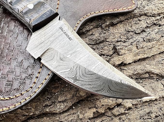 Bushcraft Survival Knife12T27 Damascus Steel Fixed Blade outdoor - Pakka Wood Handle - Pancake Leather Sheath - Traditional Field Knife for Camping , Fishing, Hunting , Men & Women - EDC Knife to Carry on Belt- (BLACK)