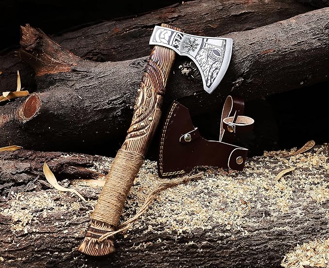 Wazir Crafts Viking Axe |Carbon Steel Engraved Blade with 18″ Wooden Handle & Leather Sheath | Collectible Norse Design Hatchet for Camping & Gifting (WCA-014)