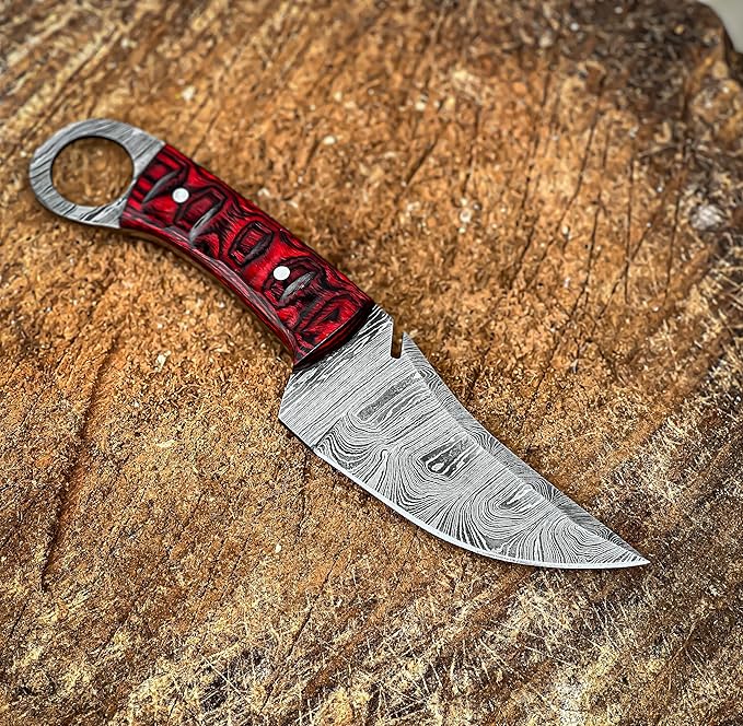 Bushcraft Survival Knife12T27 Damascus Steel Fixed Blade outdoor Knife - Pancake Leather Sheath - Traditional Field Knife for Camping Knife, Fishing, Hunting Knife, (RED)