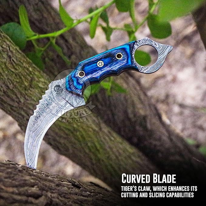 Damascus steel Handmade Knife, Survival claw Tactical teeth Knife Double edged sharp, Fixed Blade Knife With Sheath, Curved knife