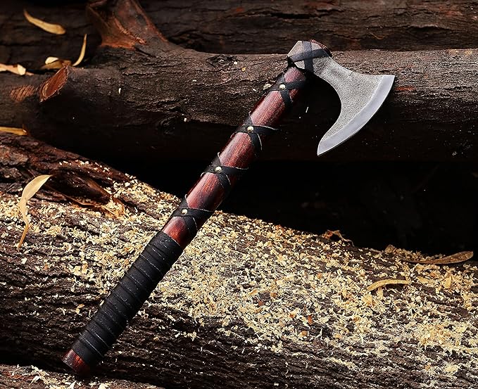 WAZIR Crafts Viking Axe | 17″ Hand-Forged Carbon Steel Tomahawk with Rosewood Handle & Leather Sheath, Bearded Axe for Camping, Bushcraft, Throwing, Gifts for Men (WCA‑015)