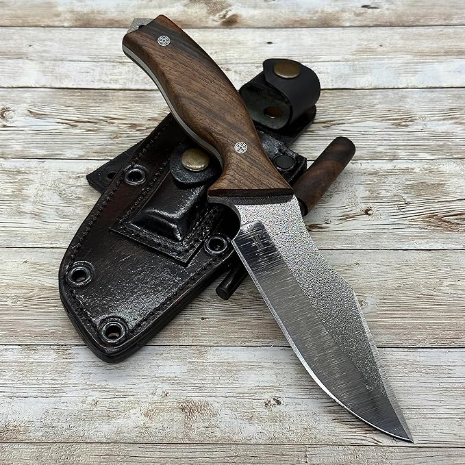 Handmade Fixed Blade Hunting Knife, N690 Blade Tactical Knife with Leather Sheath and Magnesium Fire Starter, Full Tang Tactical Knife, Survival Knife with Magnesium Fire Stick