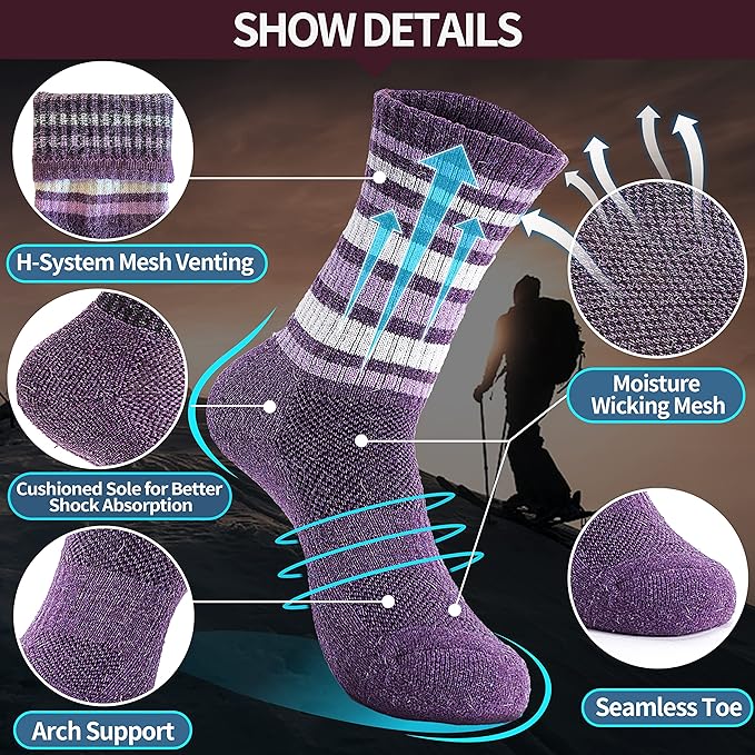 Anlisim Merino Wool Hiking Socks for Women Thermal Winter Warm Boot Work Cushion Socks 5 Pairs