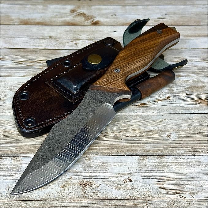 Handmade Fixed Blade Hunting Knife, N690 Blade Tactical Knife with Leather Sheath and Magnesium Fire Starter, Full Tang Tactical Knife, Survival Knife with Magnesium Fire Stick