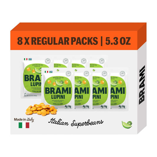 BRAMI Lupini Beans Snacks – Chili & Lime, Mediterranean Protein Snack, 0g Net Carbs, Vegan & Keto Friendly, High Fiber Italian Lupin Beans, Ready-to-Eat Healthy Snack, 5.3 oz (Pack of 8)