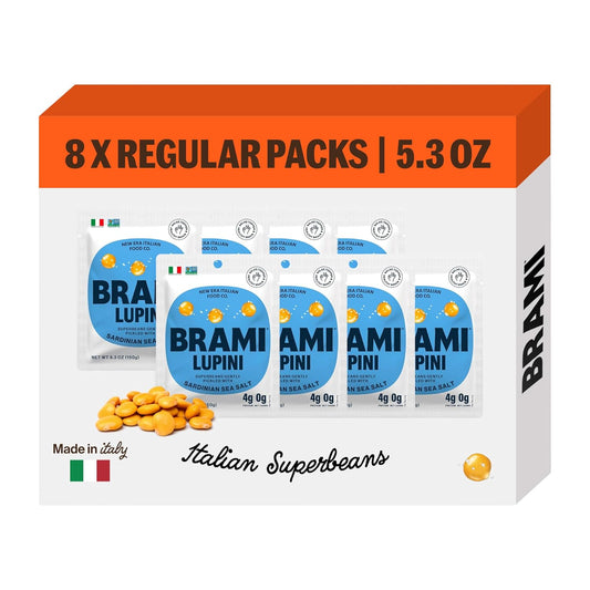 BRAMI Lupini Beans Snacks – Sardinian Sea Salt, Mediterranean Protein Snack, 0g Net Carbs, Vegan & Keto Friendly, High Fiber Italian Lupin Beans, Ready-to-Eat Healthy Snack, 5.3 oz (Pack of 8)