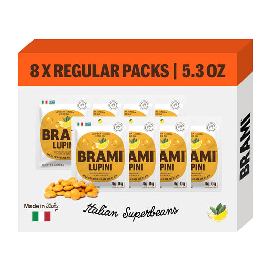 BRAMI Lupini Beans Snacks – Mediterranean Medley, Mediterranean Protein Snack, 0g Net Carbs, Vegan & Keto Friendly, High Fiber Italian Lupin Beans, Ready-to-Eat Healthy Snack, 5.3 oz (Pack of 8)