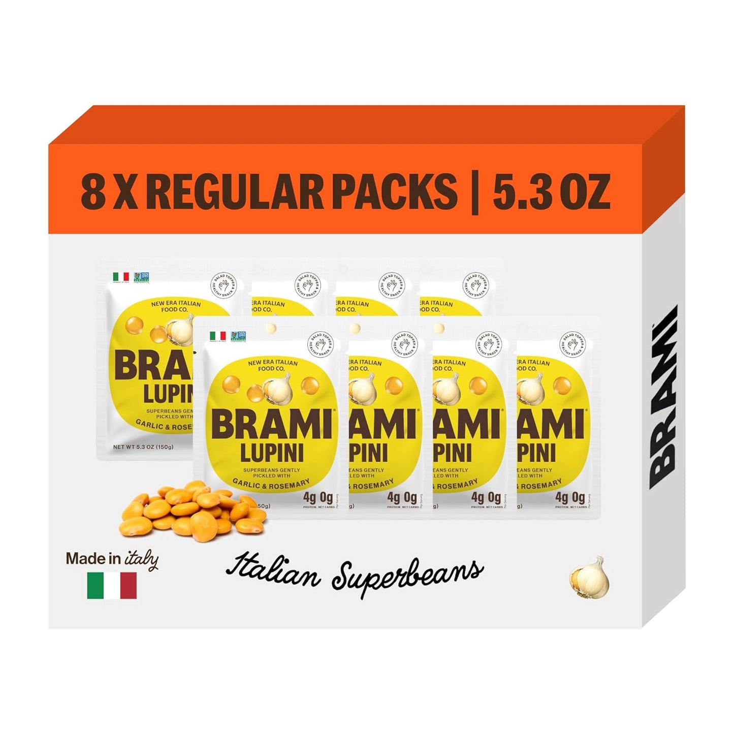 BRAMI Lupini Beans Snacks – Garlic & Herb, Mediterranean Protein Snack, 0g Net Carbs, Vegan & Keto Friendly, High Fiber Italian Lupin Beans, Ready-to-Eat Healthy Snack, 5.3 oz (Pack of 8)
