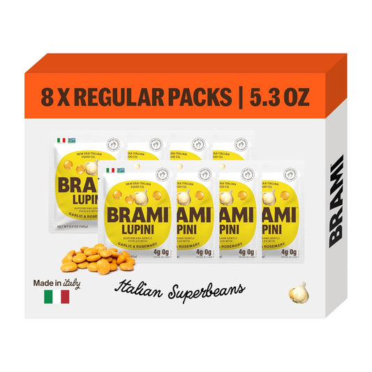 BRAMI Lupini Beans Snacks – Garlic & Herb, Mediterranean Protein Snack, 0g Net Carbs, Vegan & Keto Friendly, High Fiber Italian Lupin Beans, Ready-to-Eat Healthy Snack, 5.3 oz (Pack of 8)