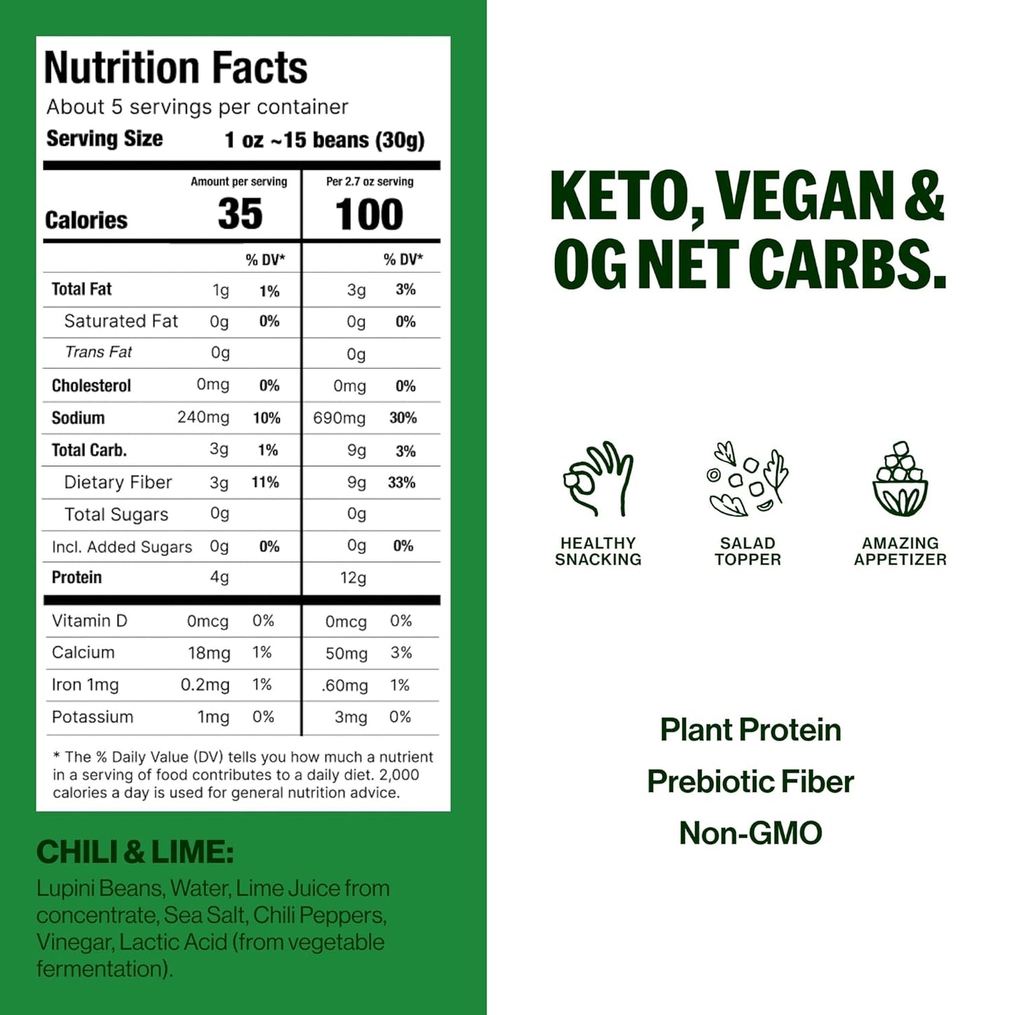 BRAMI Lupini Beans Snacks – Chili & Lime, Mediterranean Protein Snack, 0g Net Carbs, Vegan & Keto Friendly, High Fiber Italian Lupin Beans, Ready-to-Eat Healthy Snack, 5.3 oz (Pack of 8)