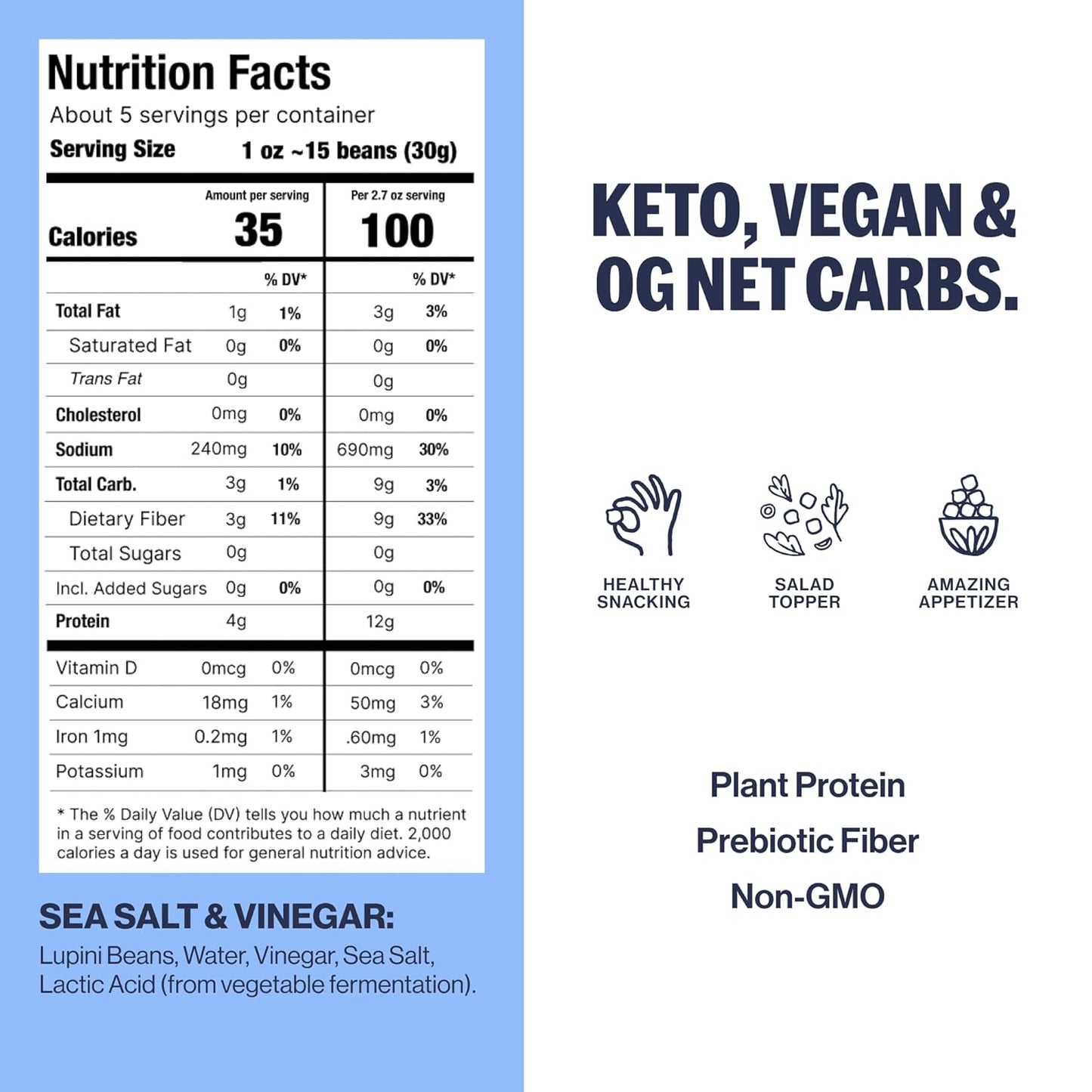 BRAMI Lupini Beans Snacks – Sardinian Sea Salt, Mediterranean Protein Snack, 0g Net Carbs, Vegan & Keto Friendly, High Fiber Italian Lupin Beans, Ready-to-Eat Healthy Snack, 5.3 oz (Pack of 8)