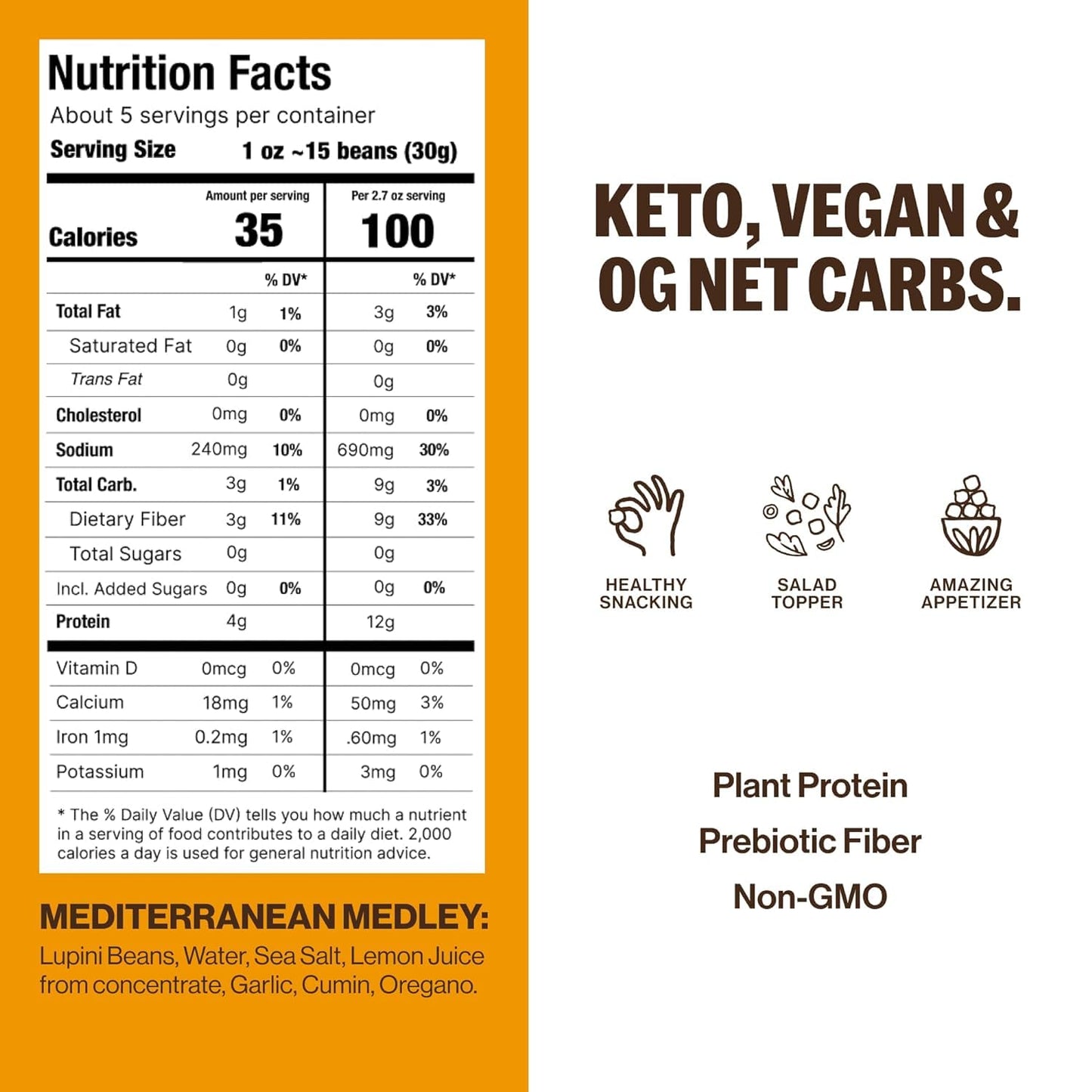 BRAMI Lupini Beans Snacks – Mediterranean Medley, Mediterranean Protein Snack, 0g Net Carbs, Vegan & Keto Friendly, High Fiber Italian Lupin Beans, Ready-to-Eat Healthy Snack, 5.3 oz (Pack of 8)