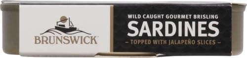 Brunswick Wild Caught Gourmet Brisling Sardines in Extra Virgin Olive Oil Topped with Jalapeño Slices, 4.23 oz Can - Wild Caught Sardines - 13g Protein per Serving - Gluten Free, Keto Friendly