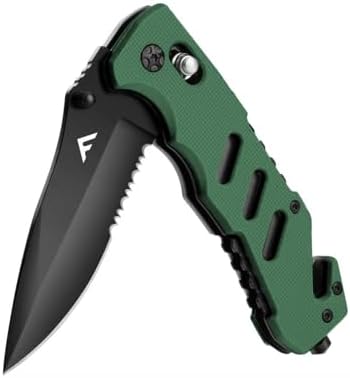 FLISSA Folding Pocket Knife with Clip, Glass Breaker and Seatbelt Cutter, Survival Knife for Emergency Rescue Situations, EDC Knife for Tactical, Hunting, Camping, Outdoor, Unique Gifts for Dad, Father-Green