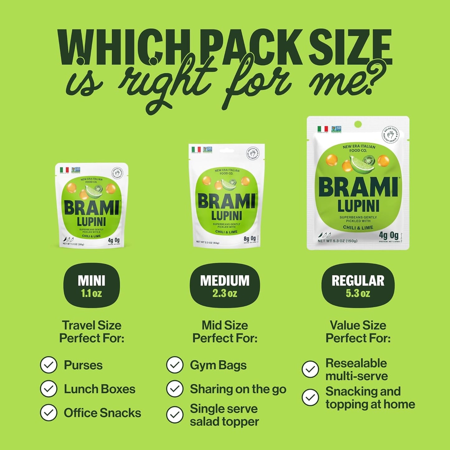BRAMI Lupini Beans Snacks – Chili & Lime, Mediterranean Protein Snack, 0g Net Carbs, Vegan & Keto Friendly, High Fiber Italian Lupin Beans, Ready-to-Eat Healthy Snack, 5.3 oz (Pack of 8)