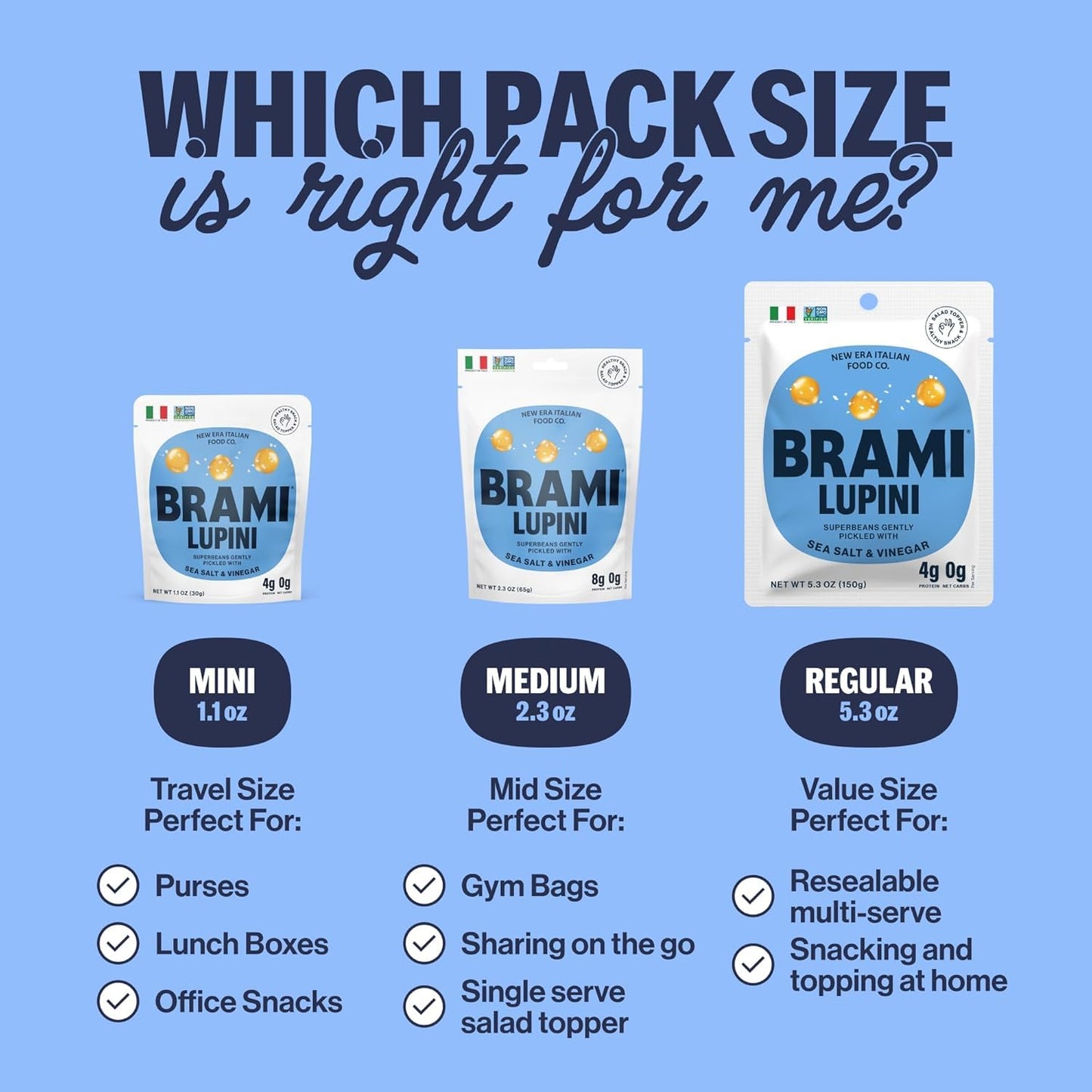 BRAMI Lupini Beans Snacks – Sardinian Sea Salt, Mediterranean Protein Snack, 0g Net Carbs, Vegan & Keto Friendly, High Fiber Italian Lupin Beans, Ready-to-Eat Healthy Snack, 5.3 oz (Pack of 8)