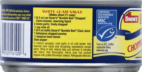 Snow's Wild Caught Chopped Clams Canned, 6.5 oz Can - 5g Protein Per Serving - Gluten Free, Keto Friendly, 99% Fat Free (Pack of 4)