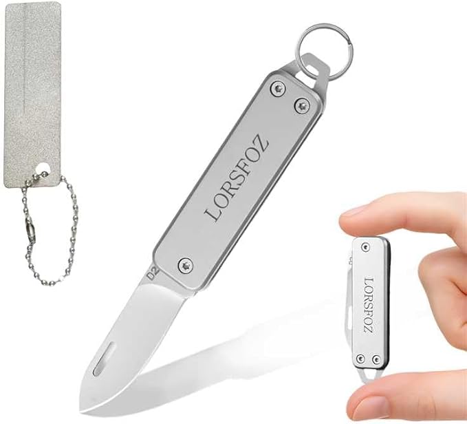 Stainless steel mini folding knife, portable key chain knife and small portable grindstone and outdoor fishing hook grinding tool, suitable for camping, hiking and outdoor. (silvery white)