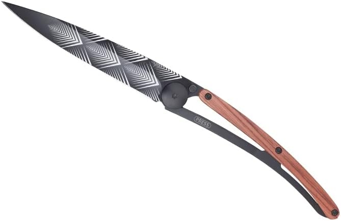 deejo - 0.9 OZ, Black Titanium, Coral Wood, Art Déco - Ultra-Light Folding Pocket Knife with a Belt Clip - Z40C13 Stainless Steel