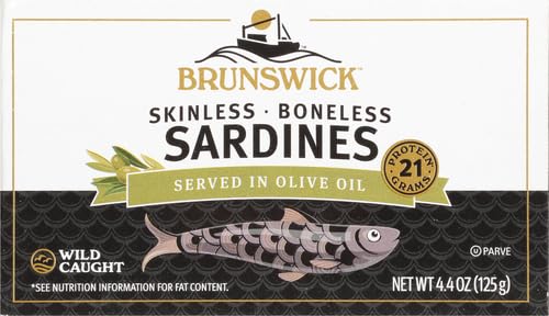 Brunswick Wild Caught Skinless and Boneless Sardines, Served in Olive Oil, 4.4 Ounce (Pack of 6)