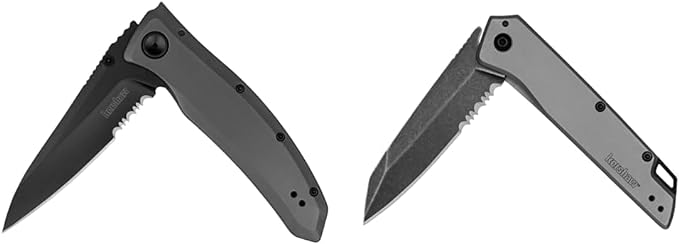 Kershaw Grid Folding Pocket Knife, 3.7 inch Black Serrated Blade, Steel Handle, Pocketclip & Misdirect Pocketknife; 2.9 in. 4Cr13 Serrated Black-Oxide Blackwash Finish Blade