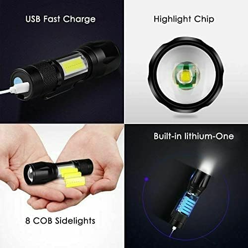 Led Flashlight Rechargeable USB Torch Mini Small Light Super Bright Handheld Tiny Portable Pocket Keychain Flash Light with COB Side Searchlight High Lumens Zoomable Emergency Camping 2 Pack