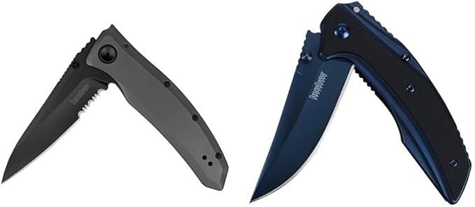 Kershaw Grid Folding Pocket Knife, 3.7 inch Black Serrated Blade, Steel Handle, Pocketclip & 3-Inch Blue Pocketknife with SpeedSafe Opening and Deep Carry Pocketclip