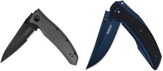 Kershaw Grid Folding Pocket Knife, 3.7 inch Black Serrated Blade, Steel Handle, Pocketclip & 3-Inch Blue Pocketknife with SpeedSafe Opening and Deep Carry Pocketclip